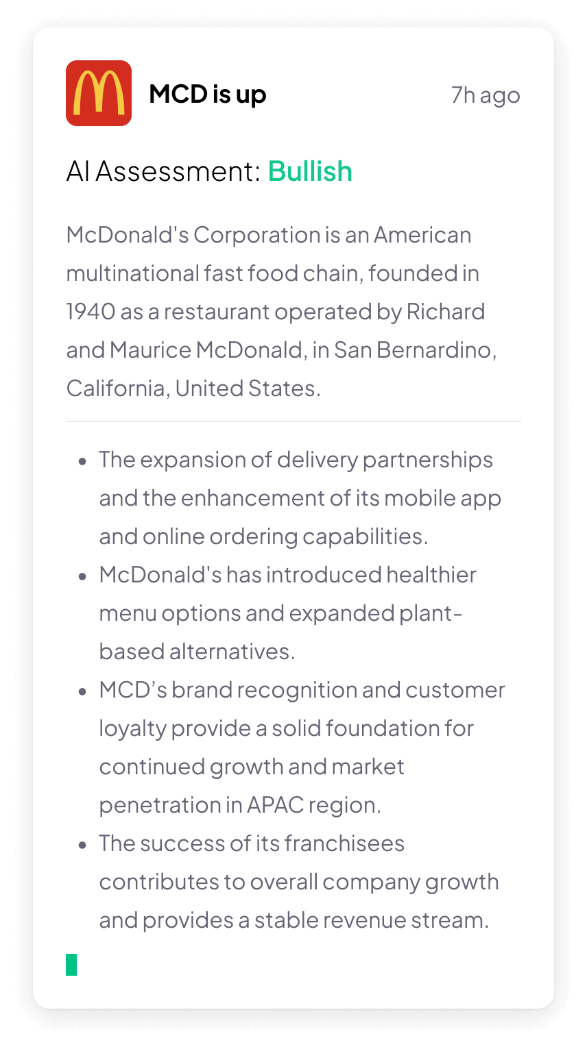McDonald’s stock AI summary generated by Morpher