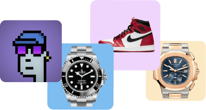 CryptoPunk, Rolex watch, Air Jordan sneaker, and Patek Philippe Nautilus watch in grid
