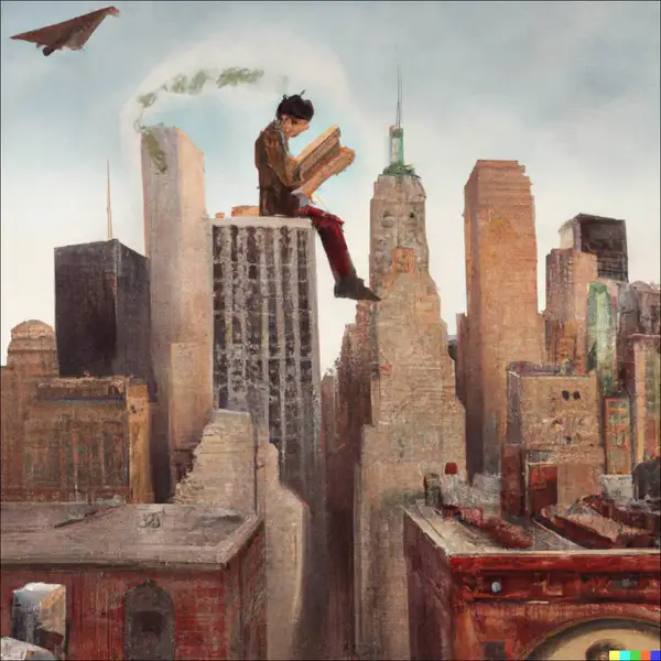 A person reading a book sitting on a dollar bill overlooking Wall Street, digital art