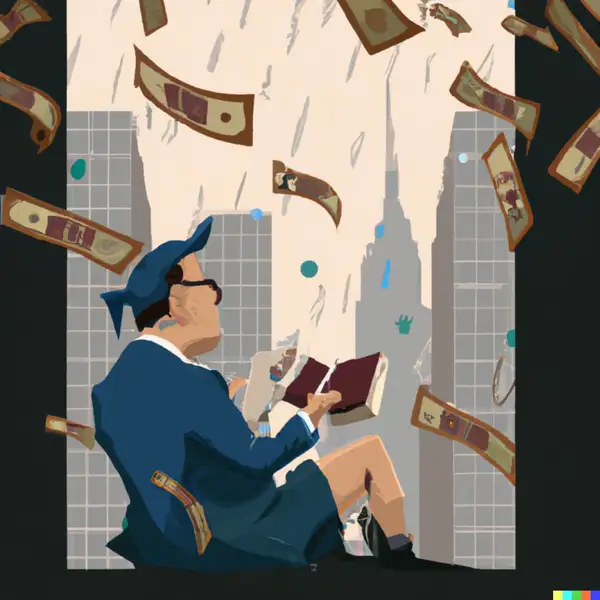 A person reading a book overlooking Wall Street while it is raining money, digital art