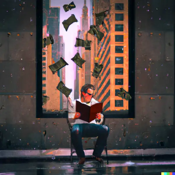 A person reading a book overlooking Wall Street while it is raining money, digital art