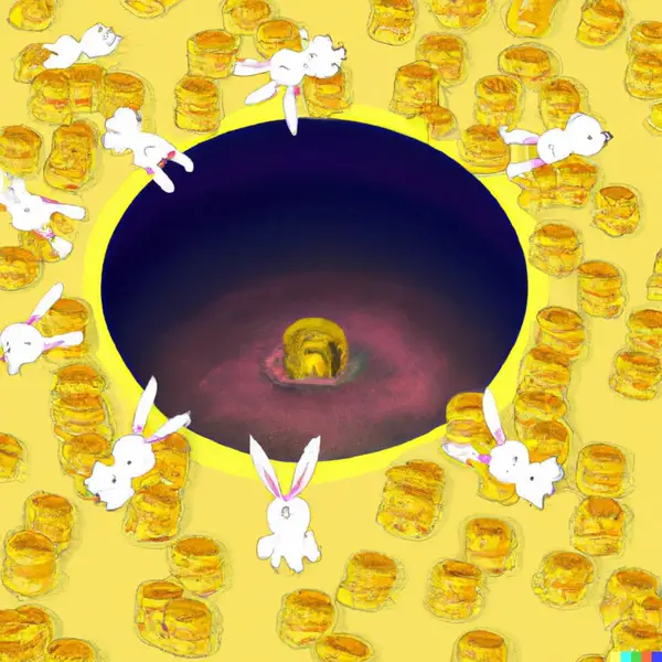 A rabbit hole filled with rabbits and bitcoins, trending digital art
