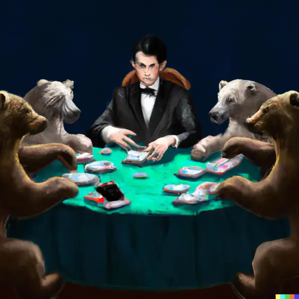 Una persona en traje jugando al póker con osos, arte digital
