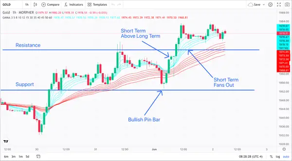 GMMA, Bullish Pin Bar Pattern, and Gold One-Hour Chart (source: Morpher.com)