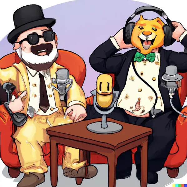 Mr. Monopoly and Mr. Bitcoin doing a podcast, digital art