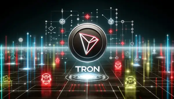 DALL·E 2024-06-03 17.38.41 - Ein visuell ansprechendes Bild, das das TRON-Blockchain-Netzwerk darstellt. Das TRON-Logo sollte prominent mit digitalen Elementen wie Blöcken, Knoten und c