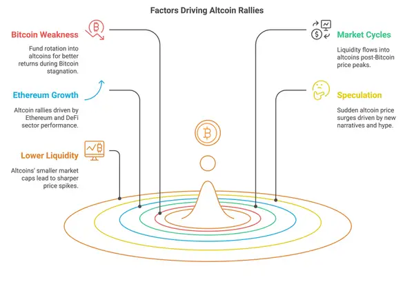 Faktoren, die die Altcoin-Rallys antreiben: Niedrigere Liquidität, Ethereum-Wachstum, Bitcoin-Schwäche, Marktzyklen, Spekulation