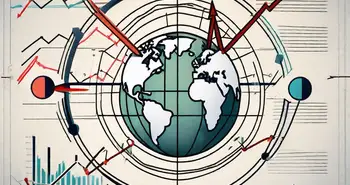 Ein dynamischer Aktienmarktgraph mit Pfeilen und Symbolen, die Kauf und Verkauf darstellen.
