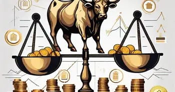 Eine ausgeglichene Waage mit Goldmünzen auf der einen Seite und einer Vielzahl von Finanzmarktsymbolen wie Aktien auf der anderen Seite.