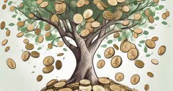 Ein Stapel Münzen und Banknoten, der sich in einen blühenden Geldbaum verwandelt