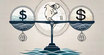 Eine ausgewogene Waage mit verschiedenen globalen Währungssymbolen auf der einen Seite und einem glatten