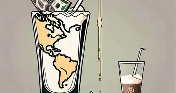 Eine Weltkarte mit verschiedenen internationalen Währungen, die in ein großes Milchshake-Glas gegossen werden.