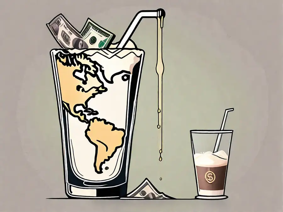 Eine Weltkarte mit verschiedenen internationalen Währungen, die in ein großes Milchshake-Glas gegossen werden.