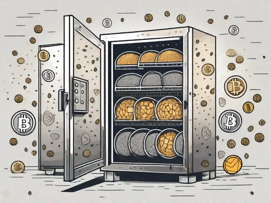 A digital vault secured by a series of unique seeds (depicted as actual seeds) symbolizing a seed phrase