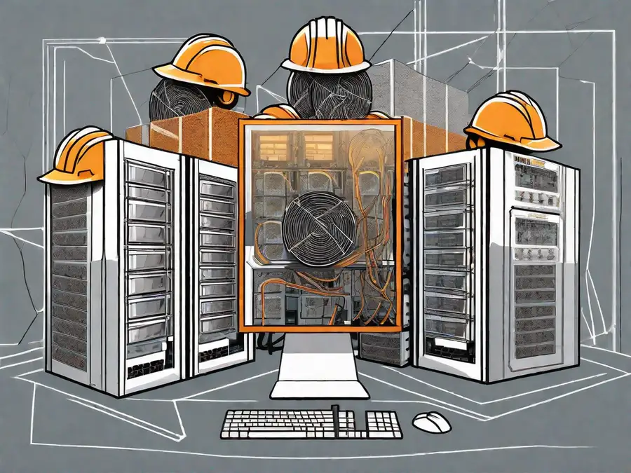 A computer server surrounded by pickaxes and hard hats
