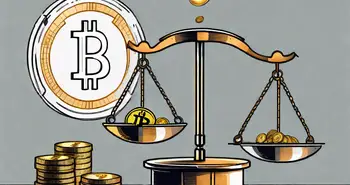 Une balance équilibrée avec une pièce de cryptomonnaie d'un côté et un coffre au trésor de l'autre