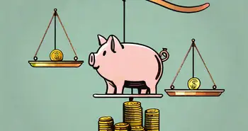 A piggy bank on one side of a balanced scale and stacks of coins gradually increasing in height on the other side