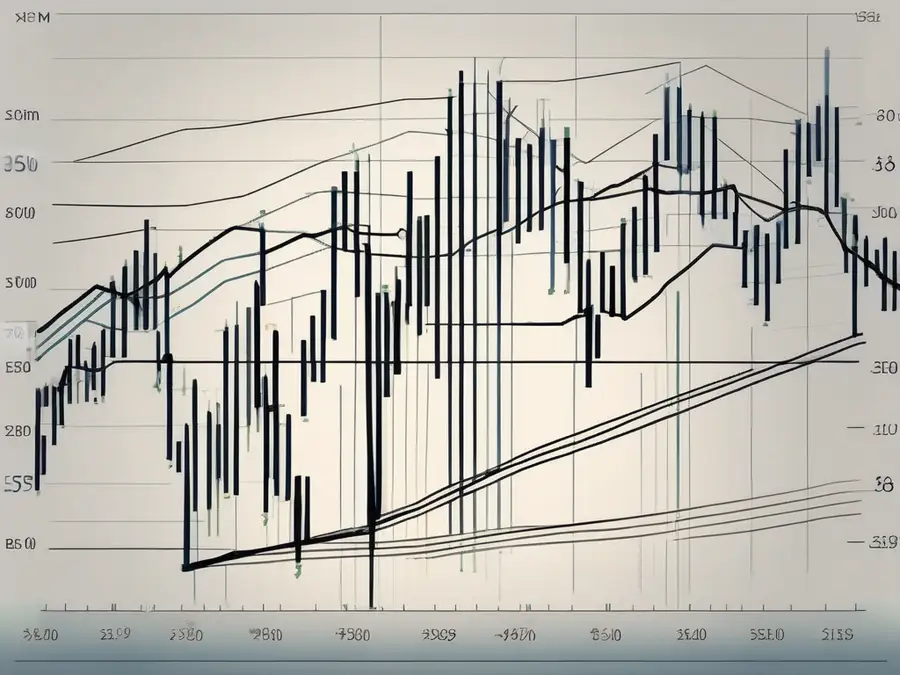 A dynamic stock market chart with fluctuating lines and bars