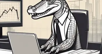 Ein Alligator im Geschäftsanzug analysiert Diagramme und Grafiken auf einem Computerbildschirm.