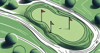 A golf course highlighting a ball trajectory following a bump and run pattern towards the hole