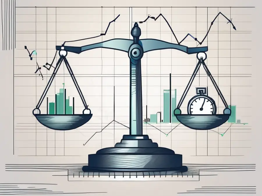 A balanced scale with stock market graphs on one side and an index gauge on the other