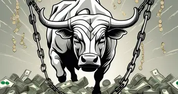 A powerful bull (symbolizing the stock market) breaking through a barrier made of chains and padlocks (symbolizing limitations)