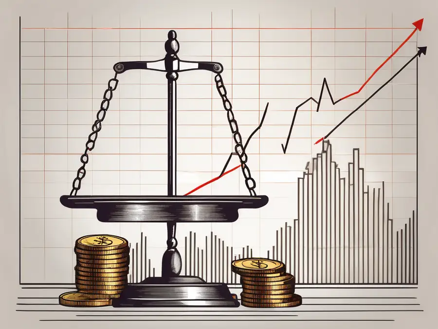 A balanced scale with a stack of coins on one side and a stock market graph on the other