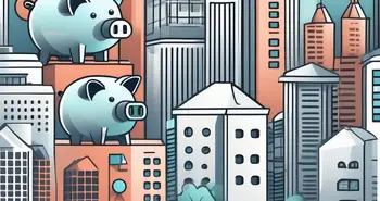 A futuristic cityscape where buildings are shaped like various banking icons
