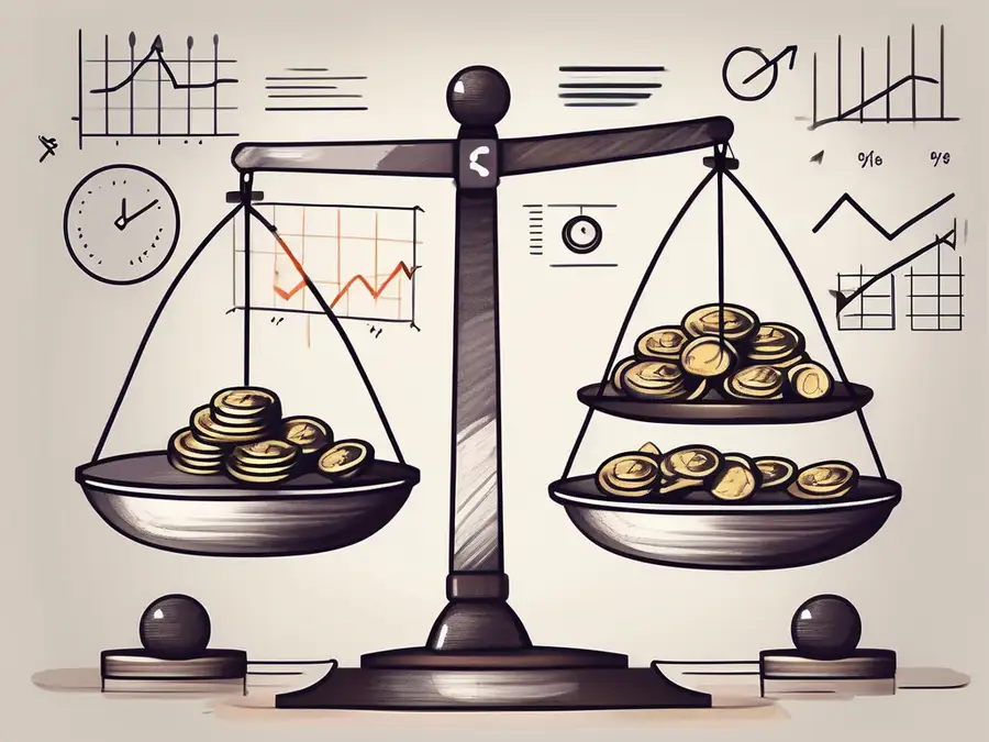 A balanced scale with various financial symbols on each side