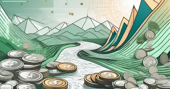A river made of coins and banknotes flowing through a landscape of financial charts and graphs