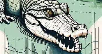 Ein Alligator, der aus einem Gewässer auftaucht, mit Finanzdiagrammen und -graphen subtil in seinen Körper und die umgebende Landschaft integriert.