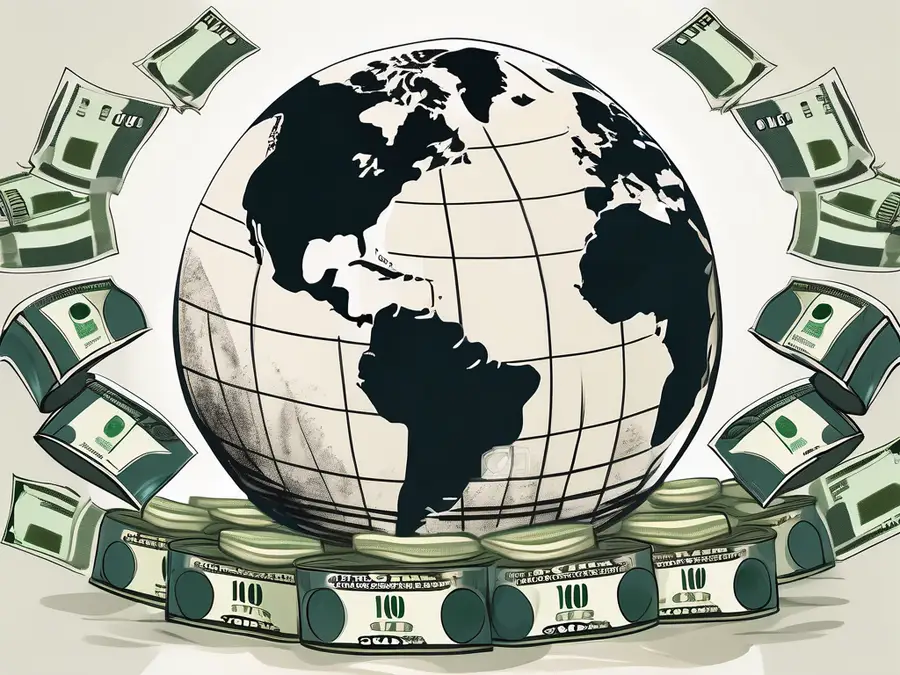 A world globe with oil barrels and dollar bills swirling around it