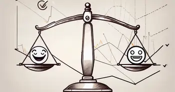 Ein Paar Waagen, die ein Devisendiagramm und ein Emoticon ausbalancieren