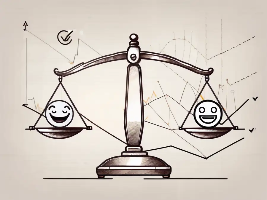 Ein Paar Waagen, die ein Devisendiagramm und ein Emoticon ausbalancieren