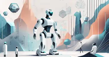 Eine futuristische digitale Landschaft, in der KI-Roboter mit verschiedenen abstrakten Darstellungen von NFTs interagieren.