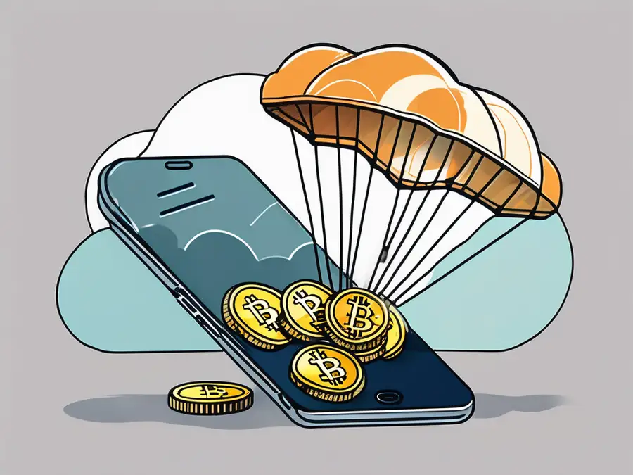A digital parachute dropping crypto coins from a cloud into a digital wallet