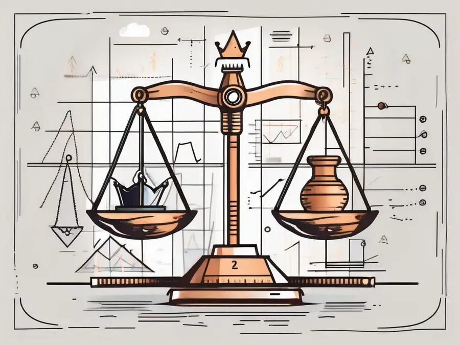A balanced scale with various trading tools like charts