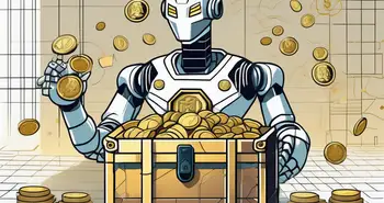 Ein futuristischer Roboter, der eine Schatztruhe mit Symbolen des Gewinns wie Goldmünzen und Dollarnoten öffnet.