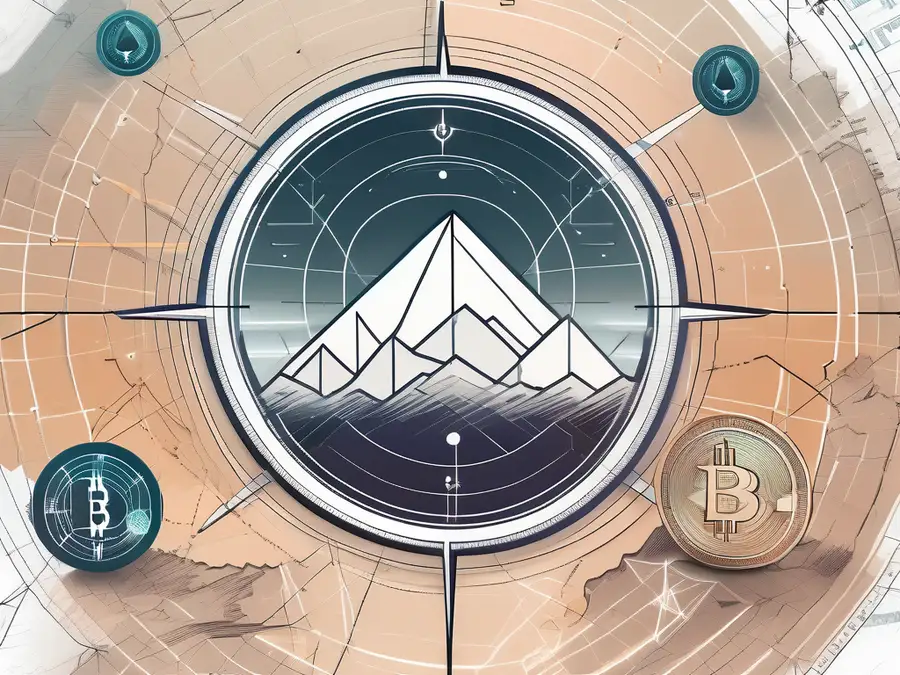 A futuristic frontier landscape with symbolic elements of cryptocurrency (like bitcoin or ethereum symbols) scattered around
