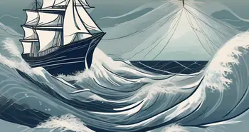 A stormy sea with a compass and a ship skillfully navigating through the towering waves