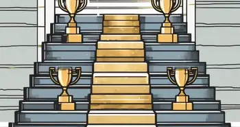 A set of ascending stairs with each step representing different trading tools like a stock market graph