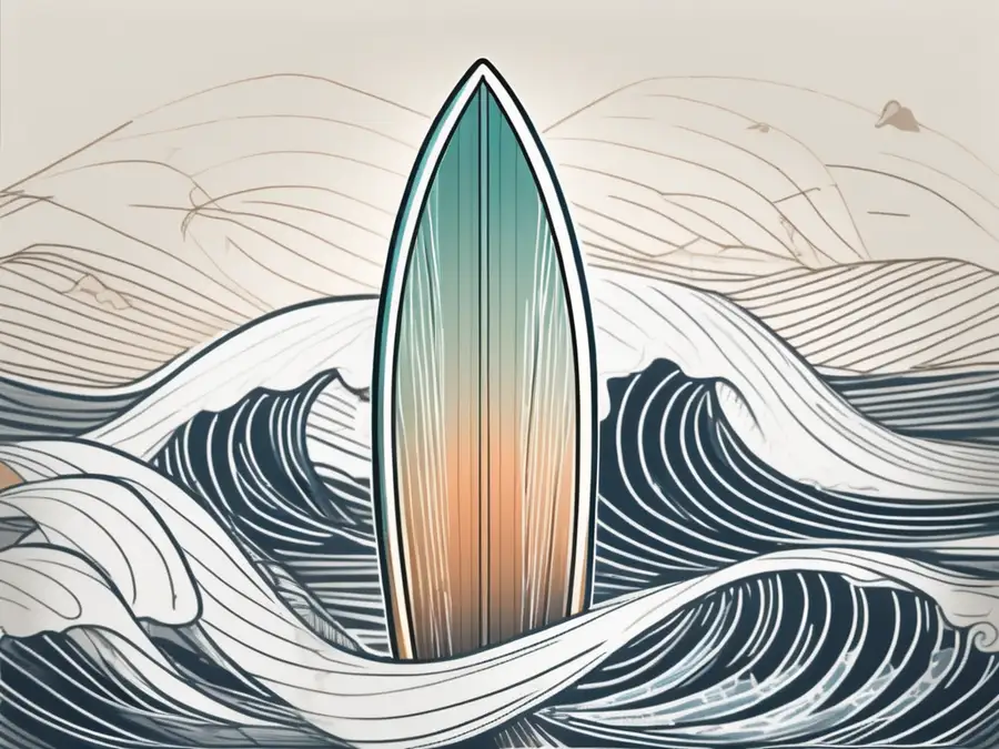 A surfboard riding on waves that are shaped like stock market graphs