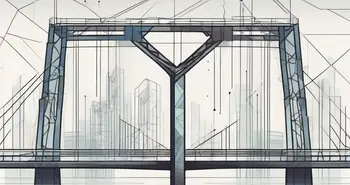 Two separate blockchain structures connected by a symbolic bridge