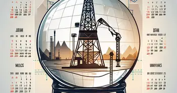 Une boule de cristal reflétant divers symboles de l'industrie pétrolière tels qu'une plateforme pétrolière