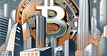Ein Bitcoin-Symbol, das sich in eine futuristische Stadt verwandelt.
