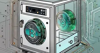 Ein transparenter digitaler Safe mit symbolischen Kryptomünzen darin