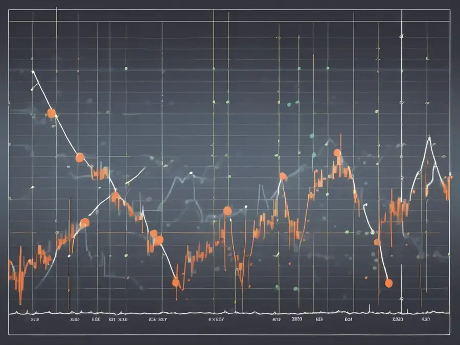 Ein dynamisches Börsendiagramm mit Parabolic SAR-Punkten über und unter den Trendlinien