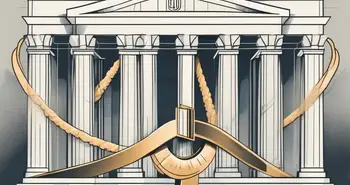 A traditional bank building and a futuristic fintech structure engaged in a tug of war