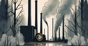 A bitcoin symbol inside a factory with smokestacks emitting dark smoke