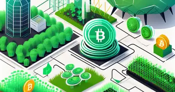 Ein üppiger digitaler Bauernhof mit verschiedenen futuristischen landwirtschaftlichen Werkzeugen und Symbolen, die Kryptowährungen repräsentieren.